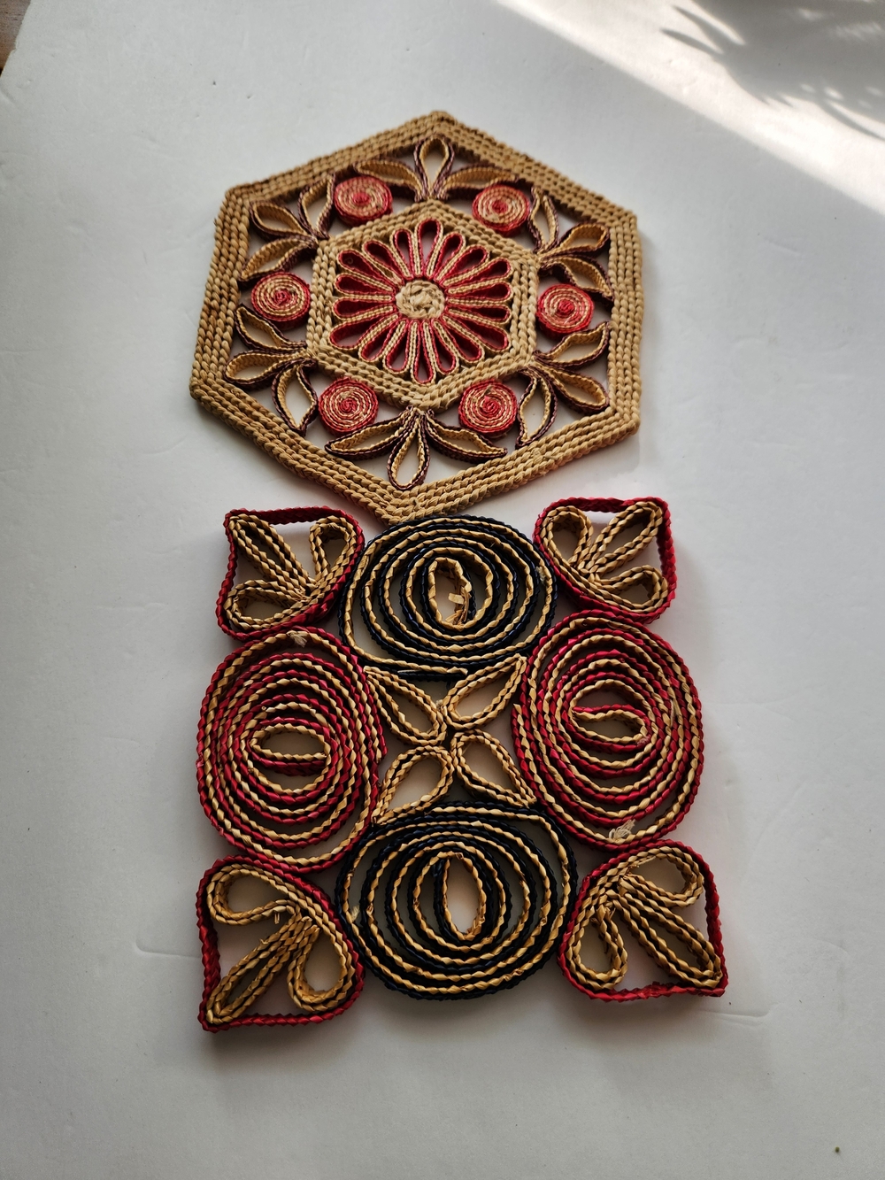 Set of 2 Vintage Woven Raffia Trivet Antique Straw Authentic 70's Rustic Collect